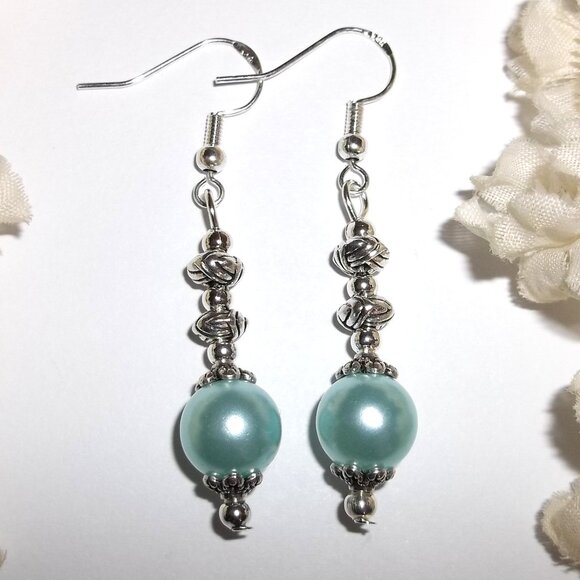 Handmade Jewelry - Silver and Blue Pearl Earrings Drop Dangle Woman Set Pair Jewelry Gift D379